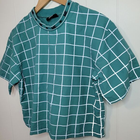 ME. Melody Ehsani Size XS Teal Blue Gray Reflective Striped Checkered Shirt - Picture 4 of 9